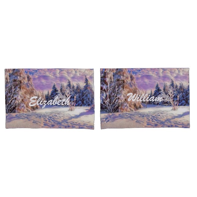 Modern watercolor of coloured snowed trees pillowcase (Front-Set)