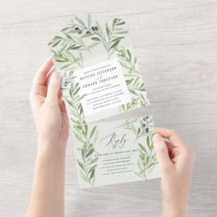 Modern watercolor olive branch foliage sage green  all in one invitation