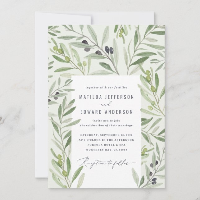 Modern watercolor olive branch foliage sage green announcement (Front)