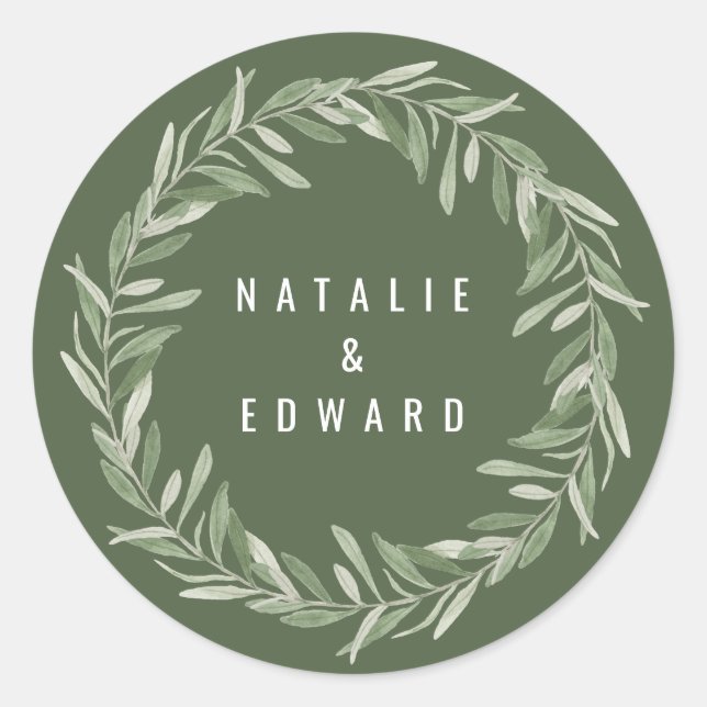 Modern watercolor olive branch foliage wedding classic round sticker (Front)