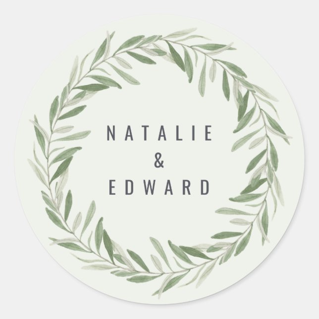 Modern watercolor olive branch foliage wedding classic round sticker (Front)