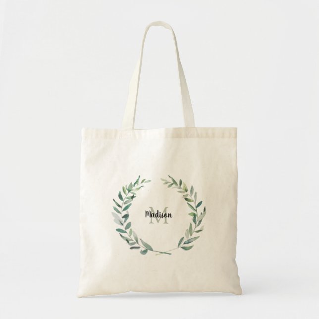 Modern watercolor olive branch monogram name tote bag (Front)