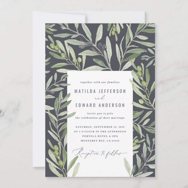 Modern watercolor olive branch sage foliage  announcement (Front)