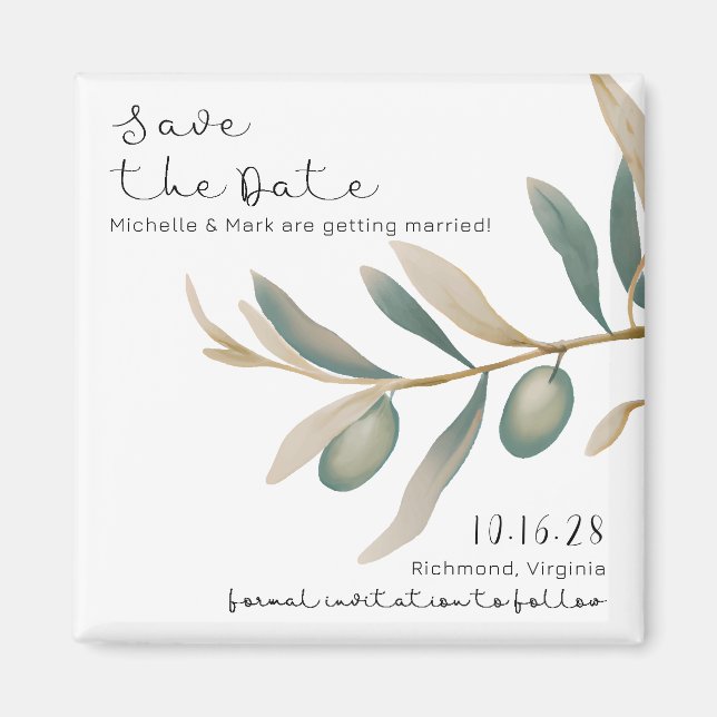 Modern Watercolor Olive Branch Save the Date Magnet (Front)