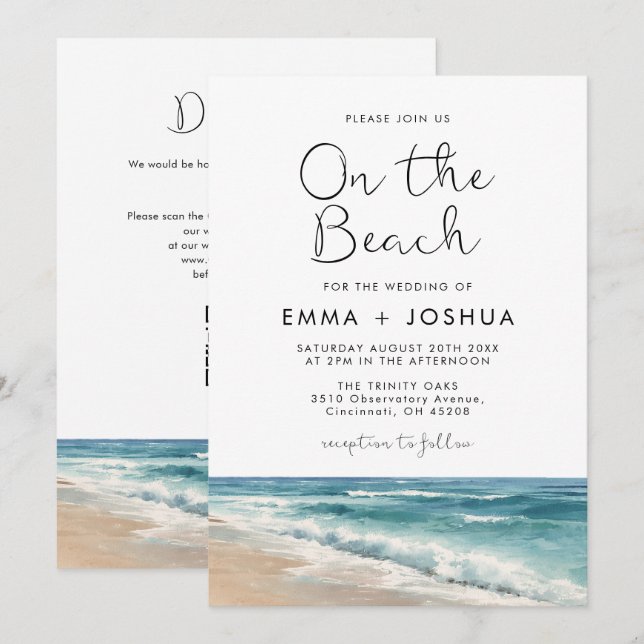 Modern Watercolor On The Beach QR Code Wedding Invitation (Front/Back)