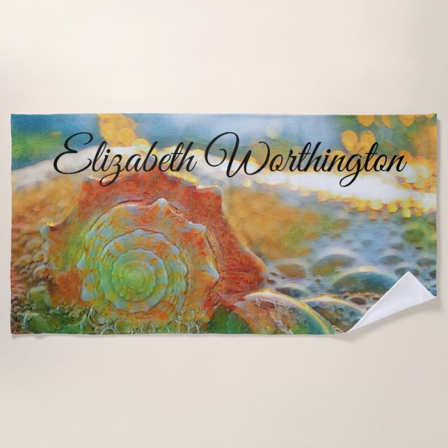 Modern Watercolor Orange and Green Seashell Beach Towel (Front)