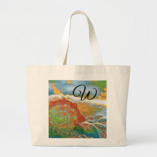 Modern Watercolor Orange and Green Seashell Large Tote Bag
