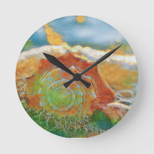 Modern Watercolor Orange and Green Seashell Lumba Round Clock