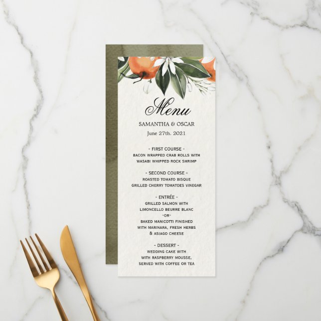 Modern Watercolor Orange & Leaves Beauty Menu (Front/Back In Situ)