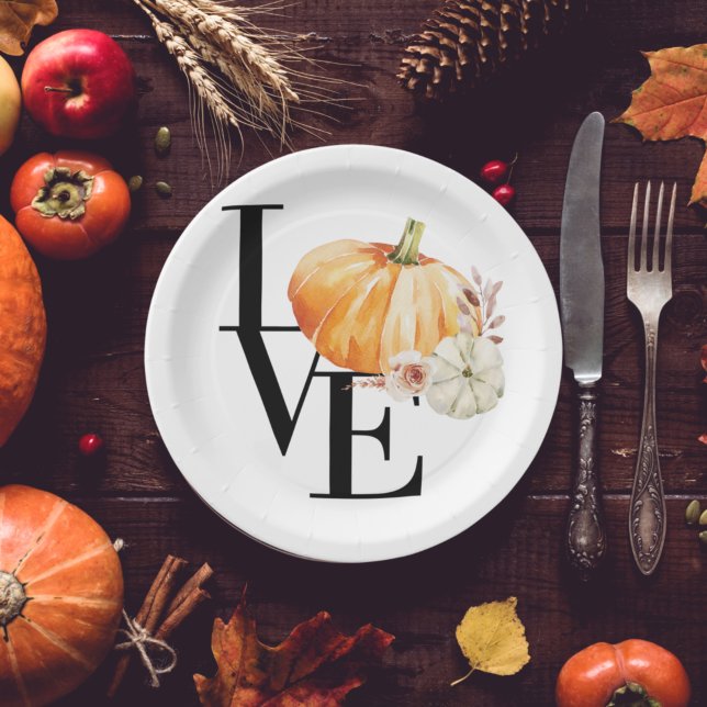 Modern Watercolor Orange Pumpkin With Love Paper Plate (Creator Uploaded)