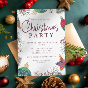 Modern Watercolor Ornament Holly Christmas Party Invitation