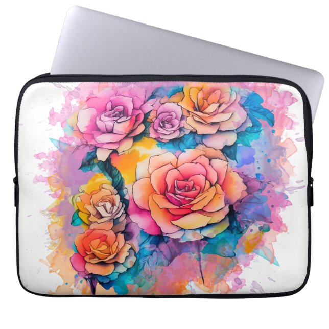 Modern Watercolor Paint Daubs Roses Bouquet Laptop Sleeve (Front)