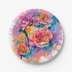 Modern Watercolor Paint Daubs Roses Bouquet Paper Plate