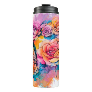 Modern Watercolor Paint Daubs Roses Bouquet Thermal Tumbler