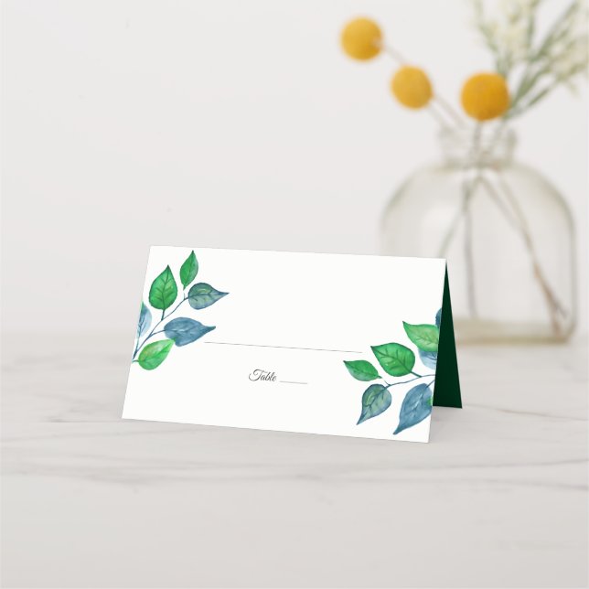 Modern Watercolor Painted Greenery Foliage Wedding Place Card (Front)