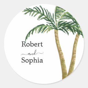 Modern Watercolor Palm Tree Wedding Classic Round Sticker