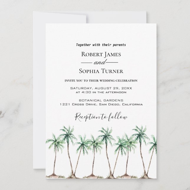 Modern Watercolor Palm Tree Wedding Invitation (Front)