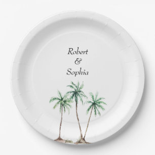 Modern Watercolor Palm Tree Wedding Paper Plate