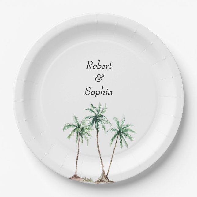 Modern Watercolor Palm Tree Wedding Paper Plate (Front)