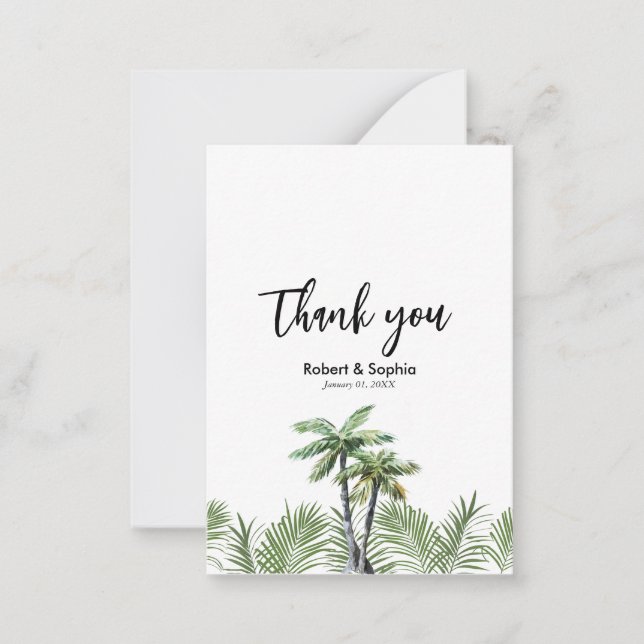 Modern Watercolor Palm Tree Wedding Thank you Card (Front)