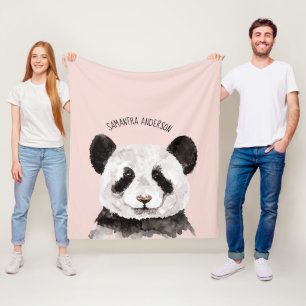 Modern Watercolor Panda With Name And Pastel Pink Fleece Blanket