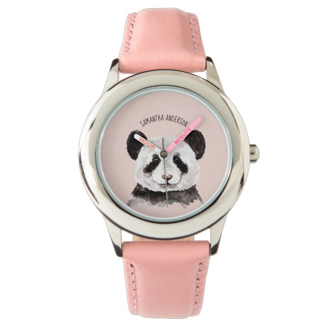 Modern Watercolor Panda With Name And Pastel Pink Watch (Front)
