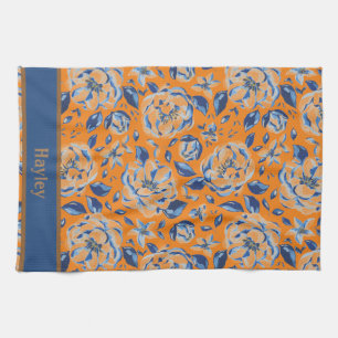 Modern Watercolor Pastel Blue Flowers Pattern Name Kitchen Towel