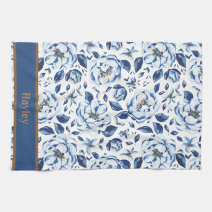 Modern Watercolor Pastel Blue Flowers Pattern Name Kitchen Towel