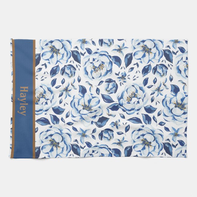 Modern Watercolor Pastel Blue Flowers Pattern Name Kitchen Towel (Horizontal)