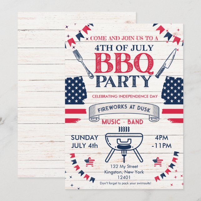 Modern Watercolor Patriotic 4th of July BBQ Invitation (Front/Back)