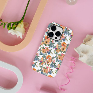 Modern Watercolor Peach Floral Pattern Monogram M Case-Mate iPhone 14 Pro Case