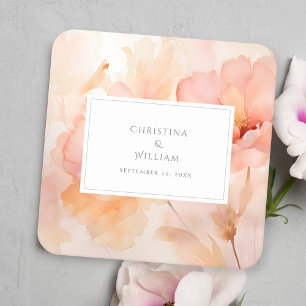 Modern Watercolor Peach Floral Wedding Square Paper Coaster