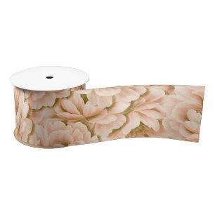 Modern Watercolor Peach Flowers Pattern Satin Ribbon