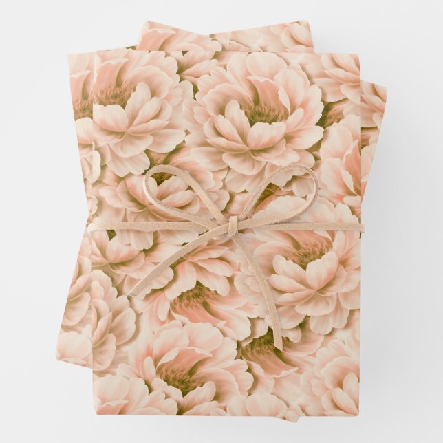 Modern Watercolor Peach Flowers Pattern Wrapping Paper Sheet (In situ)