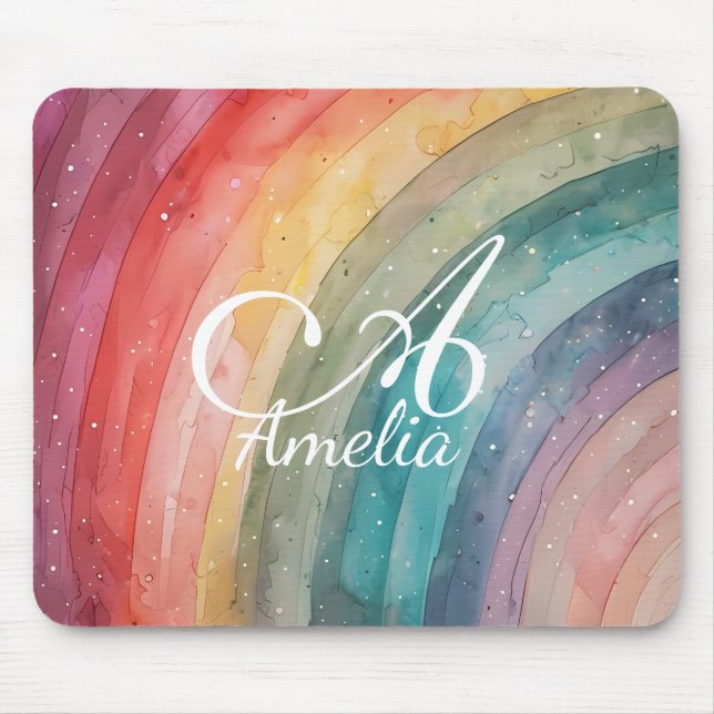 Modern Watercolor Personalized Rainbow  Mouse Pad (Front)