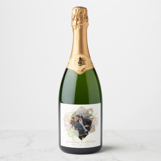 Modern Watercolor Photo Sparkling Wine Label (Front)