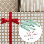 Modern Watercolor Pine Boughs Festive Christmas Classic Round Sticker<br><div class="desc">These stickers are perfect for using as labels on Christmas cards & gifts and the festive design can be easily personalized with your name.</div>