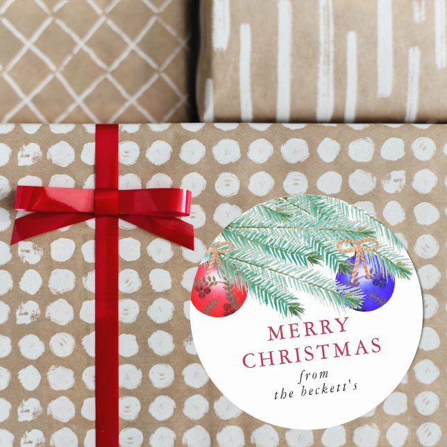 Modern Watercolor Pine Boughs Festive Christmas Classic Round Sticker (Creator Uploaded)