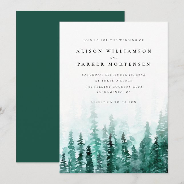 Modern Watercolor Pine Tree Forest Country Wedding Invitation (Front/Back)