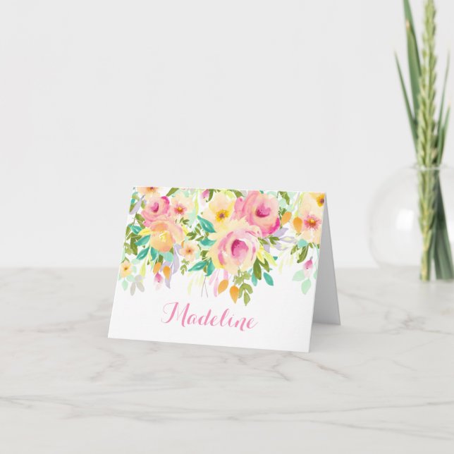 Modern Watercolor, Pink and Green Thank You Note Card (Front)