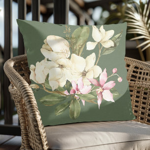Modern Watercolor Pink and White Orchids Green Throw Pillow