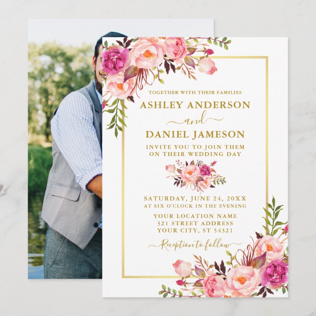 Modern Watercolor Pink Blush Floral Photo Wedding Invitation (Front/Back)