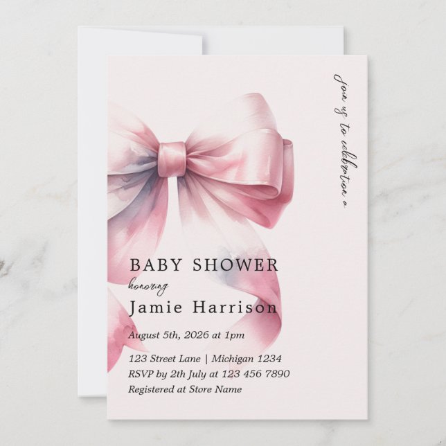 Modern Watercolor Pink Bow Baby Shower Invitation (Front)