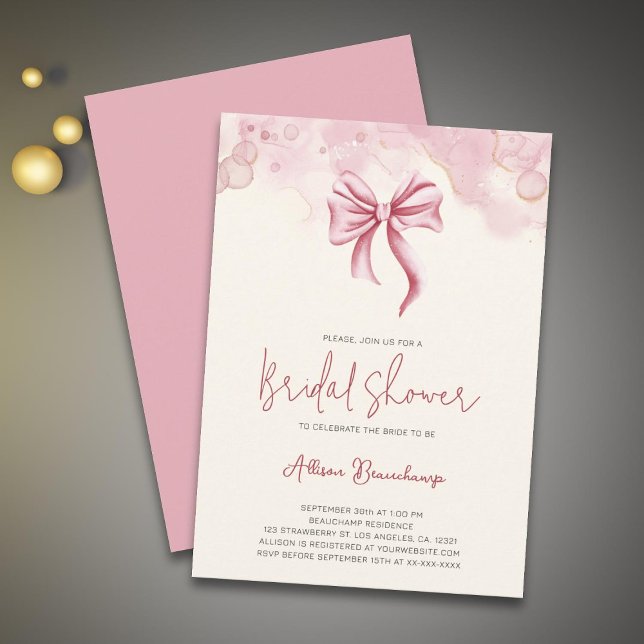 Modern Watercolor Pink Bow Bridal Shower Party Invitation (Creator Uploaded)