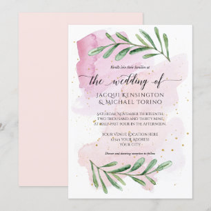 Modern Watercolor Pink Eucalyptus Greenery Wedding Invitation