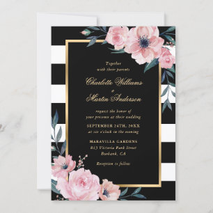 Modern Watercolor Pink Floral Gold Black Wedding Invitation