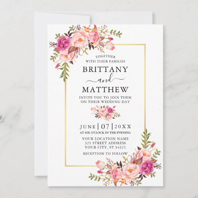 Modern Watercolor Pink Floral Gold Frame Wedding Invitation (Front)