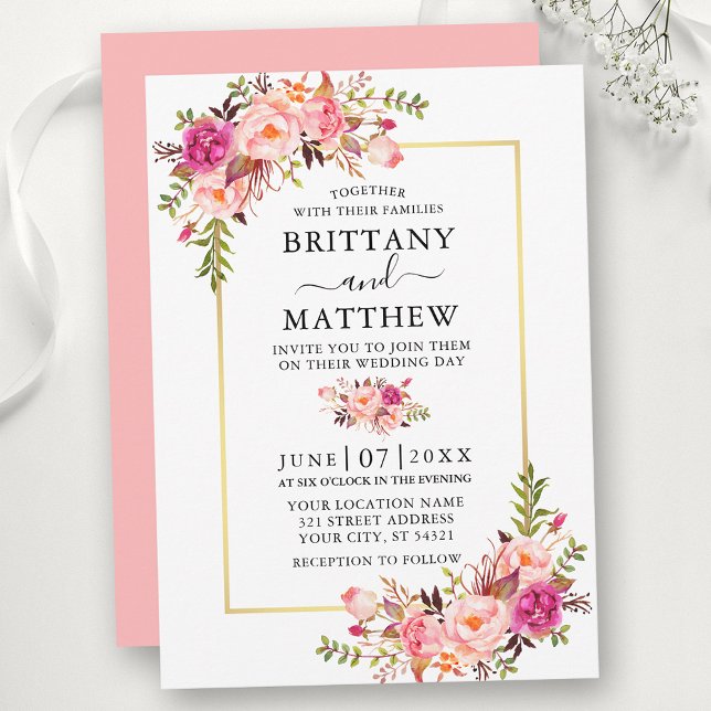 Modern Watercolor Pink Floral Wedding Gold Frame Invitation (Customize to change color of back of card.)