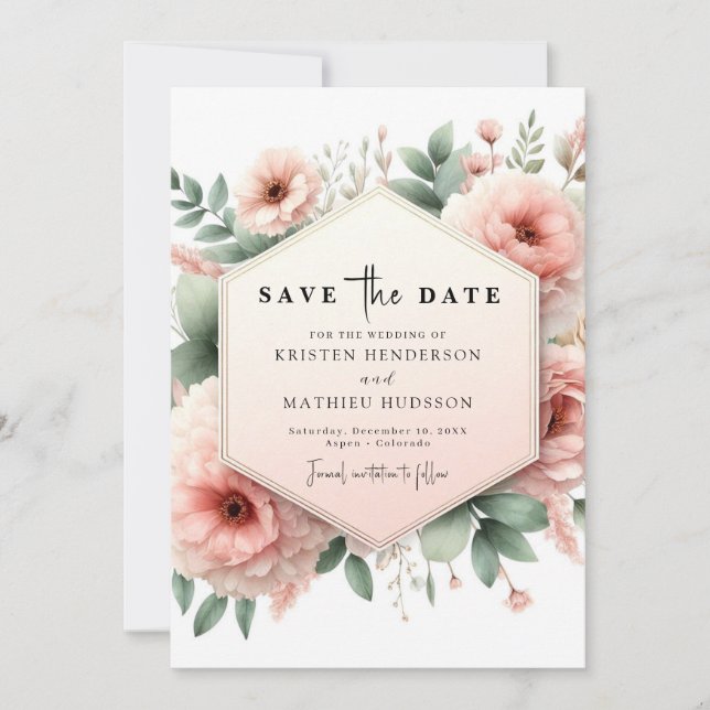 Modern Watercolor Pink Floral Wedding Save The Date (Front)