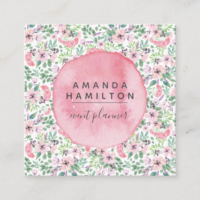 Modern Watercolor pink flowers greenery foliage Square Business Card (Front)